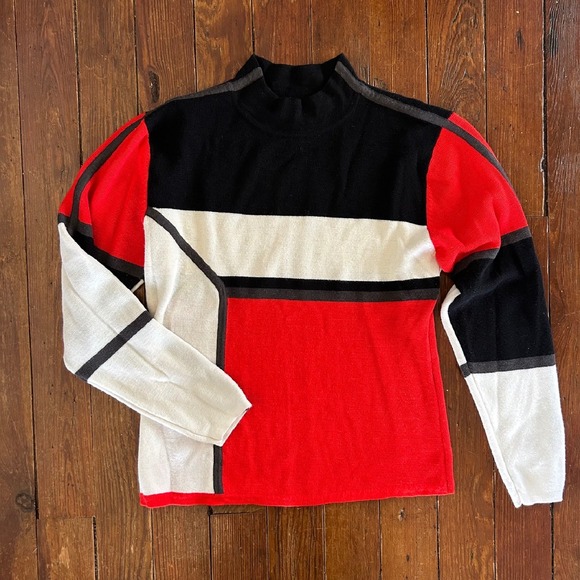 Obermeyer Red White Black Gray Block‎ Print Knit Sweater Women's Size Large - Picture 6 of 6